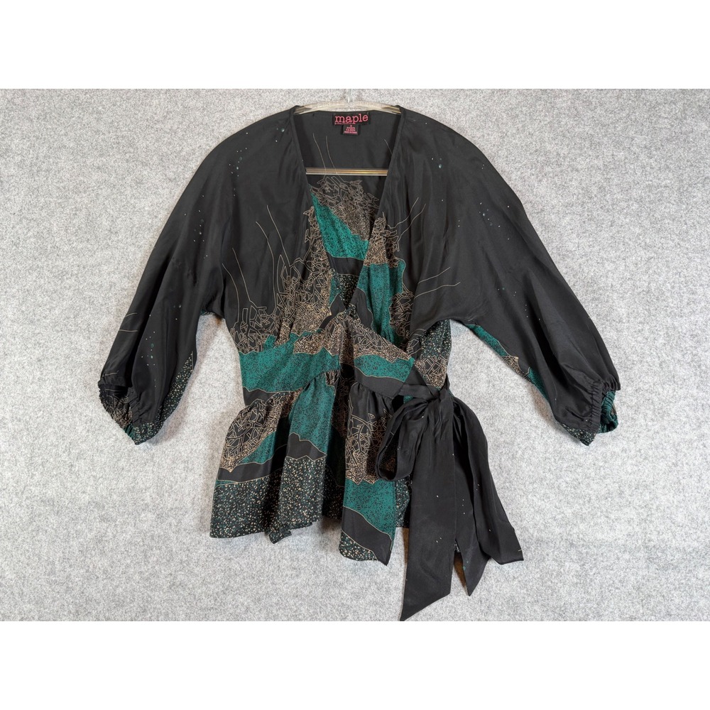 Maple Silk Wrap Top Women Size 0 Black Teal Abstract Print Good Vintage Style